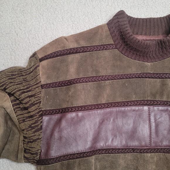 Vintage Saxony Sweater Mens Large Green Burgundy Patchwork Leather Suede 90s - Picture 6 of 11